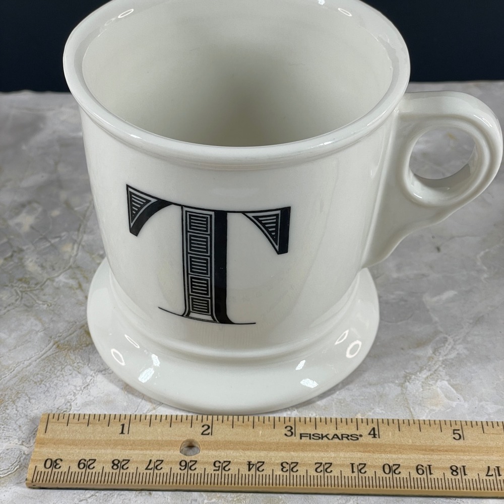 Anthropologie Monogram Letter T Ceramic Coffee Mug White Black Pedestal Large - Picture 7 of 9